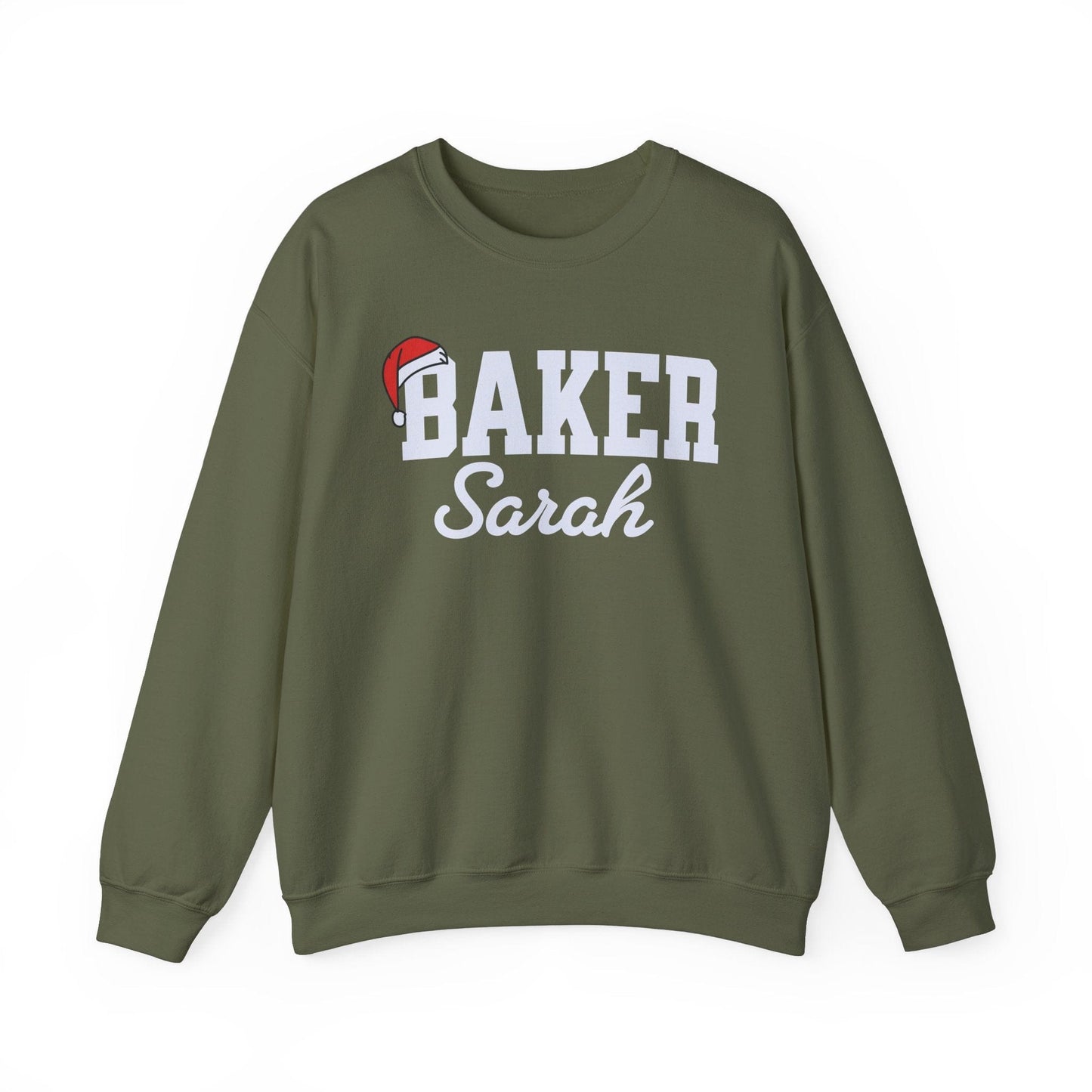 Sweatshirt Military Green / S Personalized Baker Christmas Sweatshirt, Personalized Name Holiday Gift Shirt, Custom Baking Crewneck, Bakers Gift, Christmas Baking Shirt