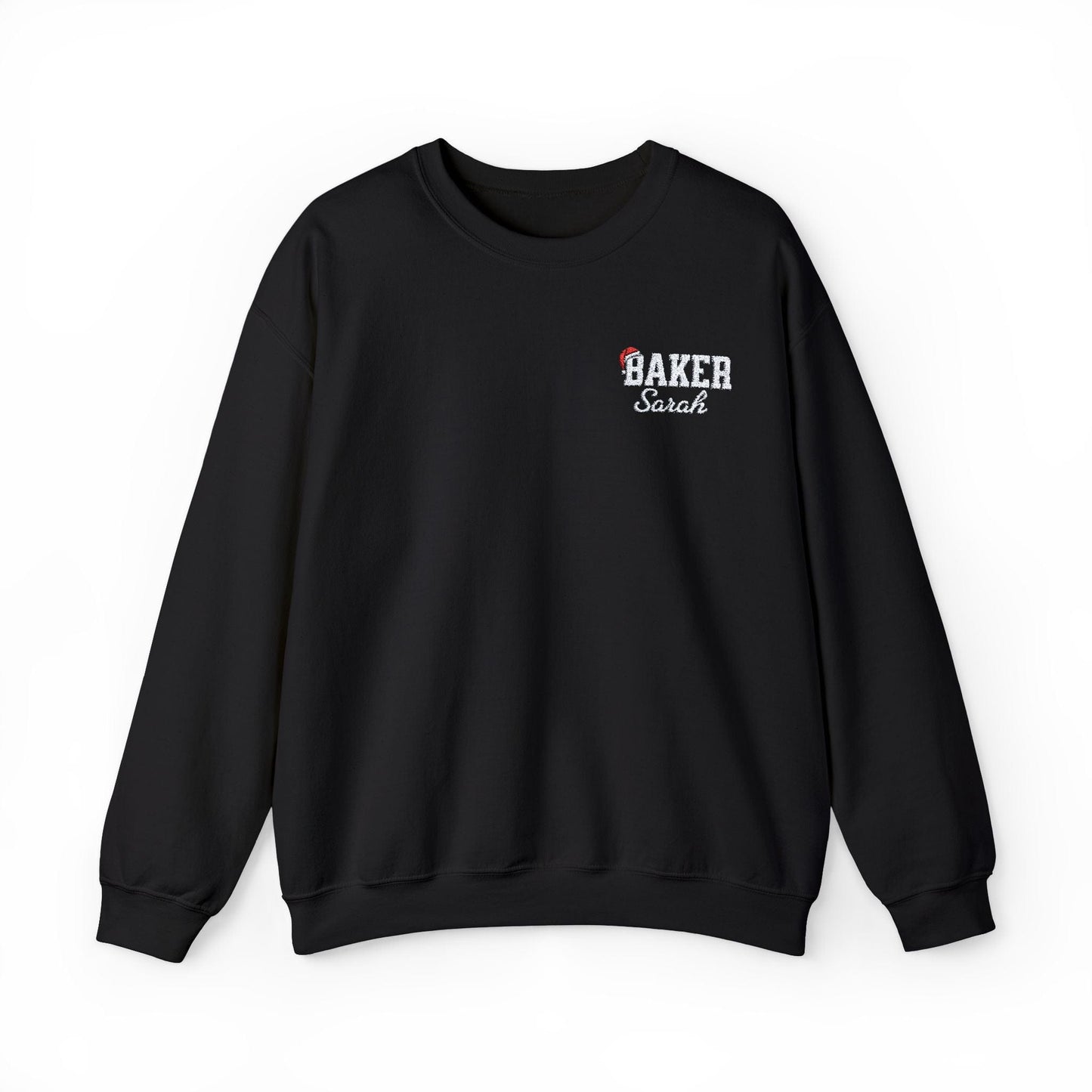 Sweatshirt S / Black Personalized Embroidered Bakers Christmas Sweatshirt, Custom Name Baker's Shirt, Gift for Baker, Bakery Christmas Sweatshirt, Santa Hat
