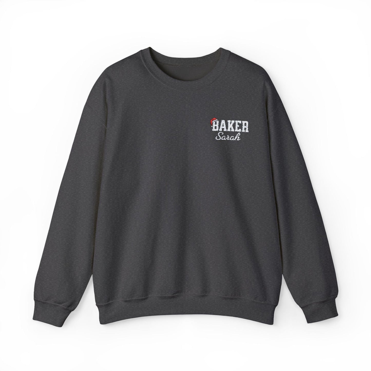 Sweatshirt S / Dark Heather Personalized Embroidered Bakers Christmas Sweatshirt, Custom Name Baker's Shirt, Gift for Baker, Bakery Christmas Sweatshirt, Santa Hat