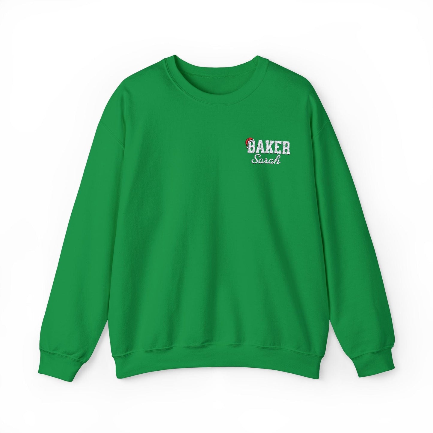 Sweatshirt S / Irish Green Personalized Embroidered Bakers Christmas Sweatshirt, Custom Name Baker's Shirt, Gift for Baker, Bakery Christmas Sweatshirt, Santa Hat