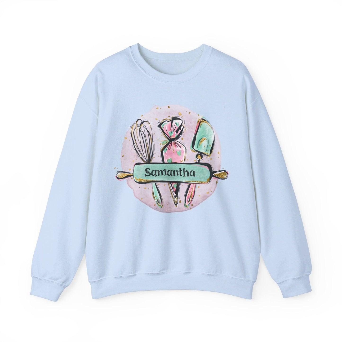 Sweatshirt S / Light Blue Personalized Baker Crewneck Sweatshirt, Custom Pastry Chef Sweatshirt, Rolling Pin Custom Shirt, Mom Gift, Gift for Baker, Grandma Gift