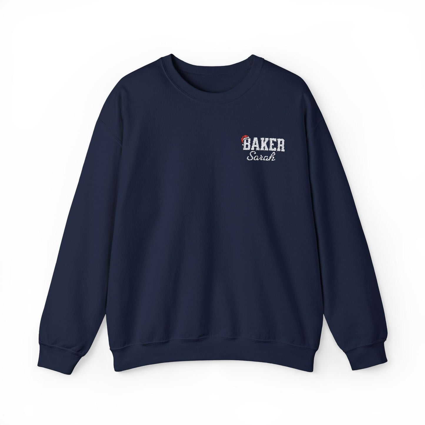 Sweatshirt S / Navy Personalized Embroidered Bakers Christmas Sweatshirt, Custom Name Baker's Shirt, Gift for Baker, Bakery Christmas Sweatshirt, Santa Hat