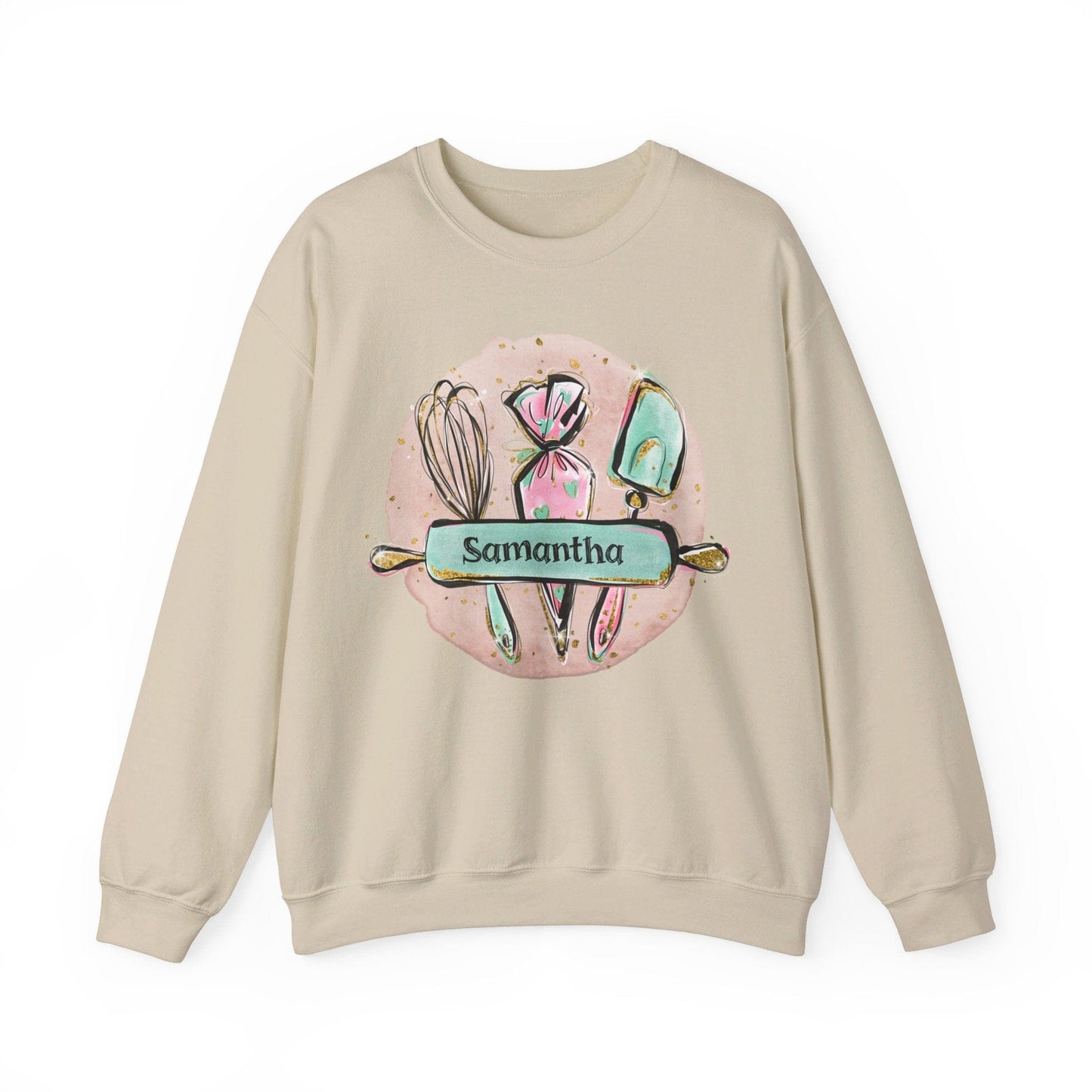 Sweatshirt S / Sand Personalized Baker Crewneck Sweatshirt, Custom Pastry Chef Sweatshirt, Rolling Pin Custom Shirt, Mom Gift, Gift for Baker, Grandma Gift