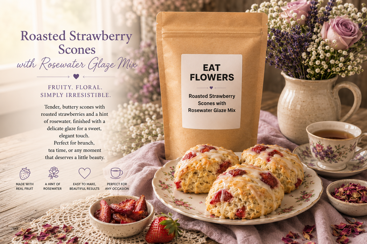 Roasted Strawberry Scones With Rosewater Glaze