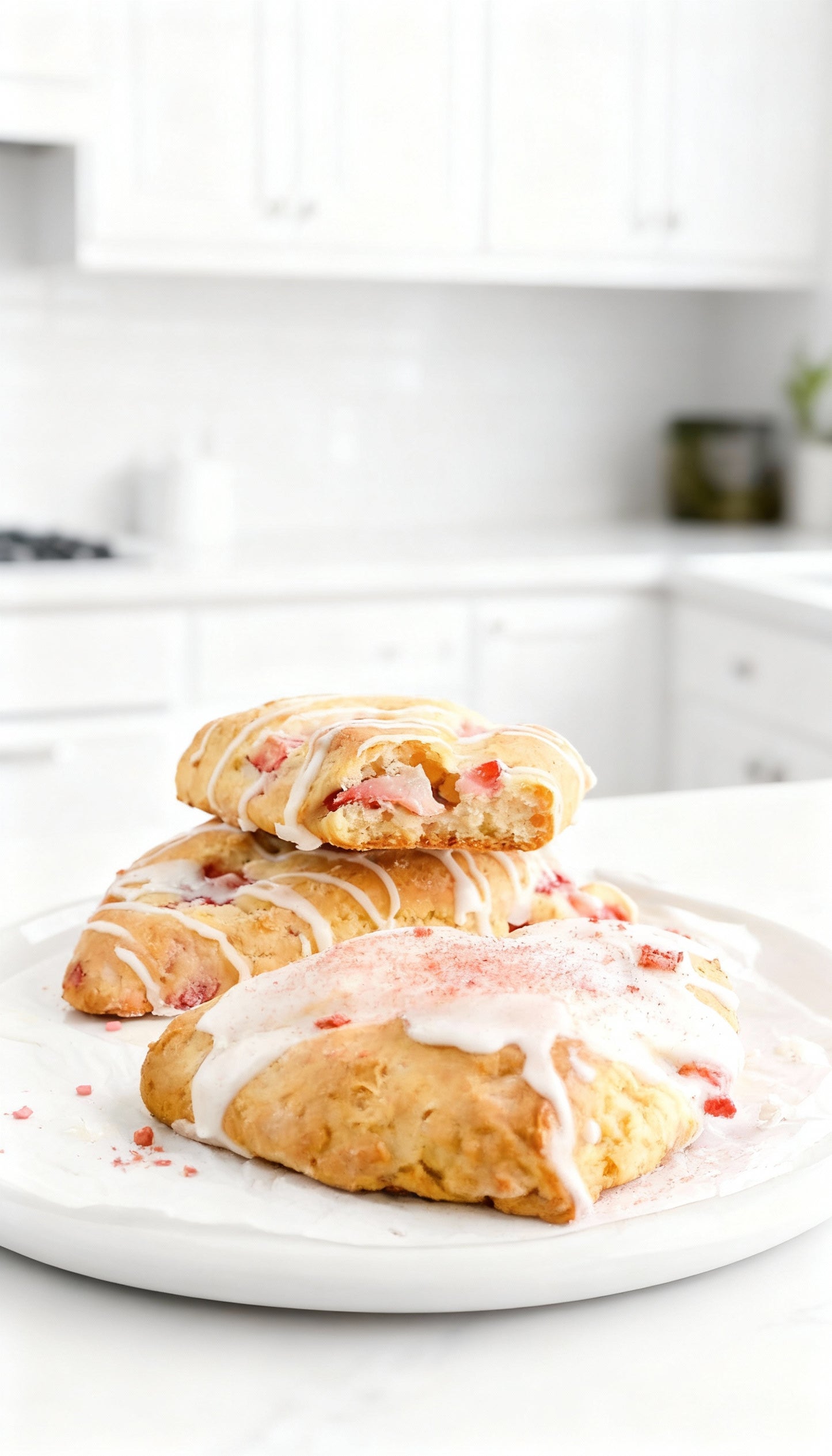 Roasted strawberry scones with rosewater glaze served for brunch or tea