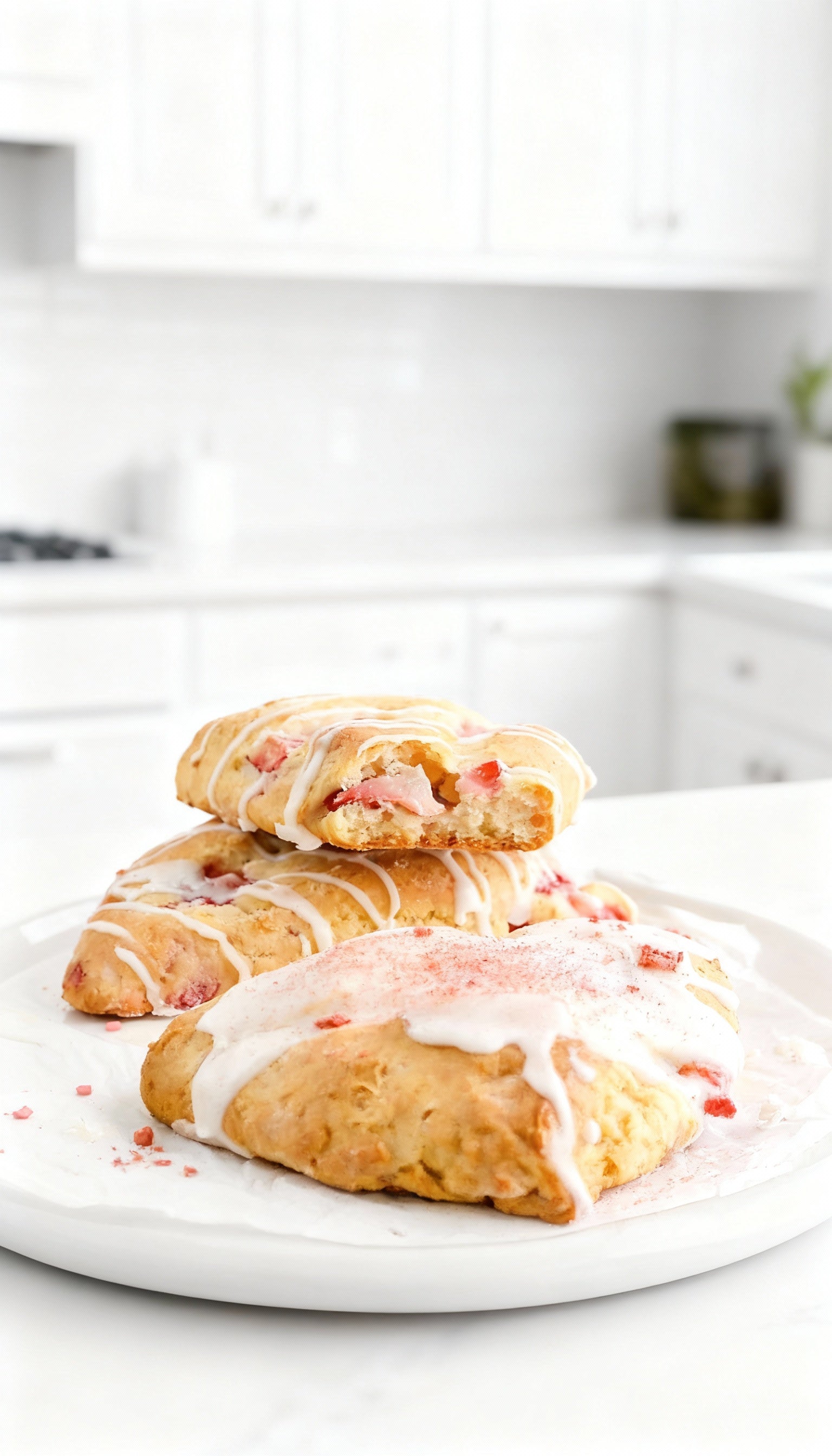 Roasted strawberry scones with rosewater glaze served for brunch or tea