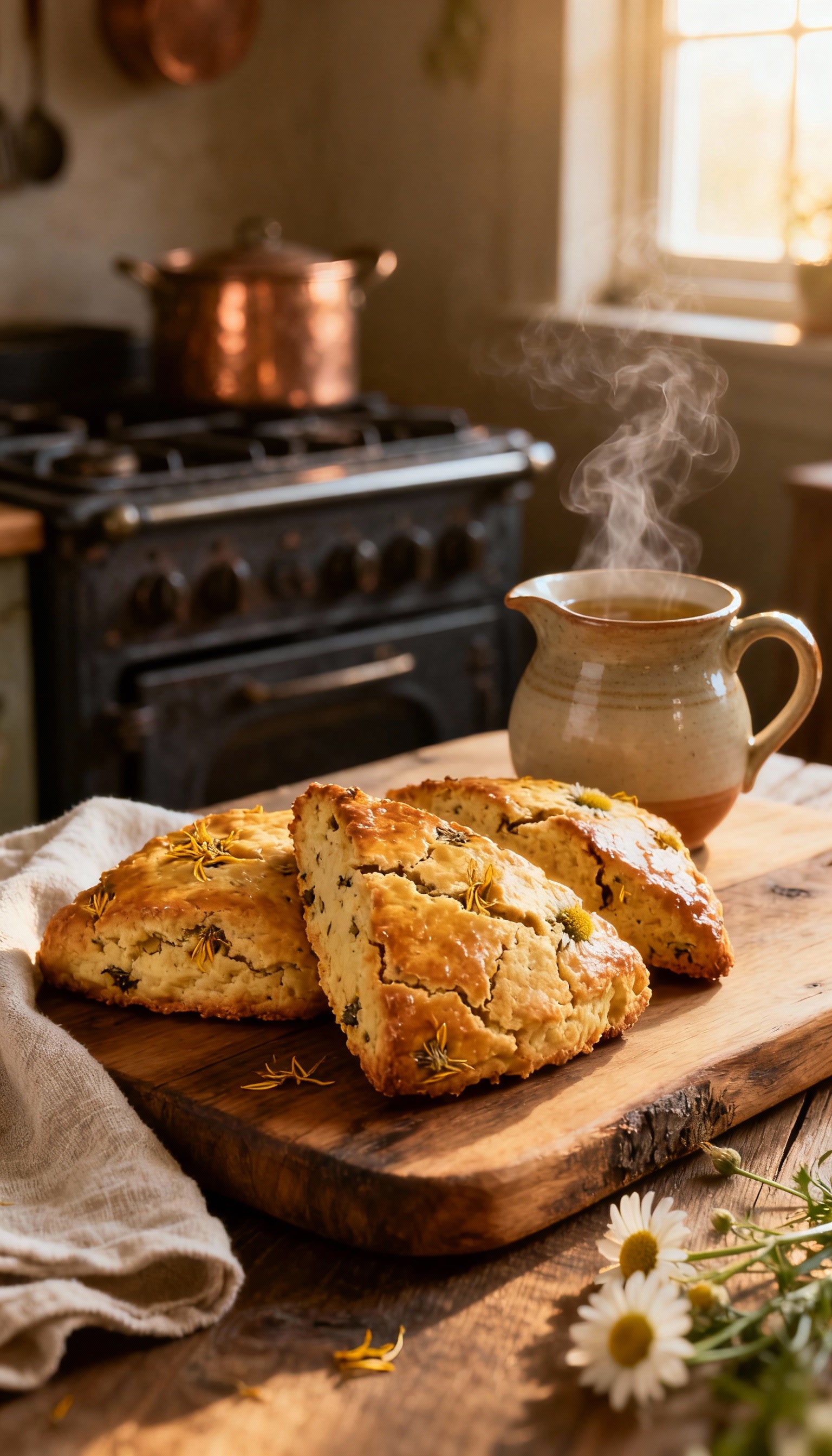 Chamomile tea scones served with hot tea on a winter morning