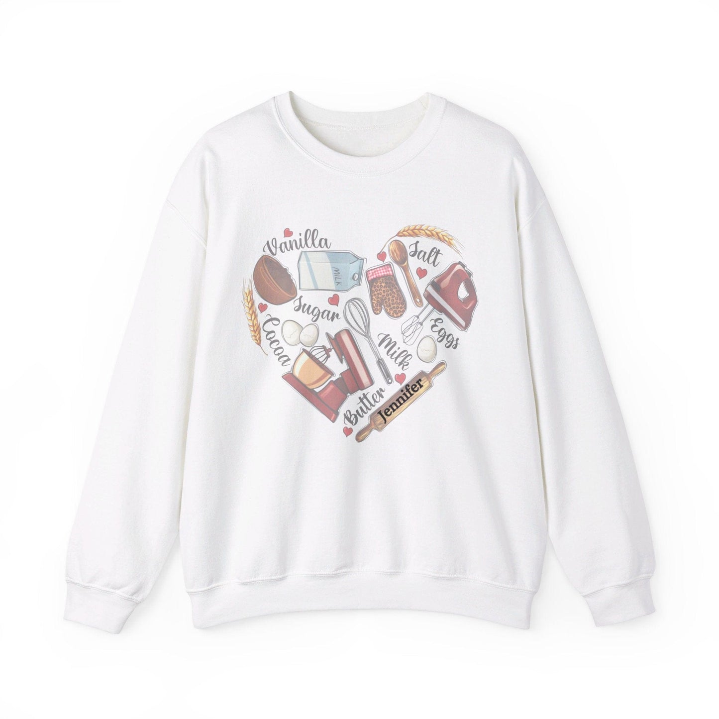 Sweatshirt S / White Personalized Baking Heart Sweatshirt, Custom Bakery Sweatshirt, Custom Baker Gift, Baking Lover Gift, Baking Gifts, Baking Shirts, Baker